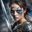 Placeholder: In a riveting display of resilience, a woman warrior’s intense blue eyes run in the battle, awash with the echoes of battle, pierce through the cacophony of war's remnants. Her body, speckled with the freckles of youth and the splatters of conflict, stands as a canvas of courage behind the steel of her raised sword.