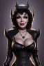 Placeholder: Joan Collins as evil queen in black leather, leather, busty, cleavage, angry, stern look. character design by cory loftis, fenghua zhong, ryohei hase, ismail inceoglu and ruan jia. unreal engine 5, artistic lighting, highly detailed, photorealistic, fantasy