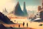 Placeholder: Modern city, people, mountains, sand, rocks