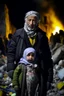 Placeholder: Palestinian old man wears the keffiyeh and the Palestinian dress Carrying a seven small child ,at winter , Destroyed Buildings , with a Explosions, at night