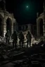 Placeholder: Night scene, soldiers from the Qassam Brigades standing among the ruins of a destroyed Palestinian city