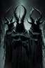 Placeholder: 3 black witches with demon horns standing over a font their faces are hidden under large hoods