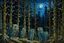 Placeholder: A dark bluish black forest with owls at nighttime painted by Vincent van Gogh