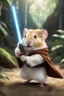 Placeholder: [photo realistic] a hamster standing with a Jedi cape and a Lightsaber, using the force, jungle in the background