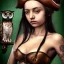 Placeholder: hyper realistic, young small cute girl, short black air, green eyes, with owl tatoo, dressed a steampunk pirate, bra with carved leather, Tintoretto ships in background. salvador dalì style. high details, thunderstorm. 4k, unreal engine Upscale PRO hyper realistic, young small cute girl, short black air, green eyes, with owl tatoo, dressed a steampunk pirate, bra with carved leather, Tintoretto ships in background. salvador dalì style. high details, meteor shower. 4k, unreal engine