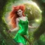 Placeholder: realistic style, barefoot pixie adult woman with red hair holding a pointed spear with her head raised looking upwards, aura of magic, wearing a green dress, particulars, centered, sharp focus, 8k, uhd, detailed eyes, realistic shaded volumetric lighting, centered camera view, background mushroom grotto