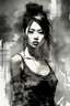 Placeholder: aesthetic, painterly style, modern ink, Asian girl, sensual, sultry, dark blouse, expressive pose, urbanpunk, abstract texture multilayer background, neo-expressionist , Russ Mills, Ian Miller