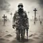 Placeholder: by Dariusz Zawadzki, Make a creation exploring lyrics "No Man's Land, countless white crosses stand mute in the sand, man's blind indifference to his fellow man" as an intense World War I composition. Dynamic composition, reflective double exposure x-ray soldier reaper with antique WW I gas mask, large block transparent centered text "1914" printed across the composition, dramatic sepia sky with hints of red, dramatic, dynamic composition