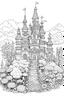 Placeholder: beautiful brilliant white fairy castle in a wood with white flowers and a white path. black and white for coloring book black line on white background. --aspect 4:5 --v 5