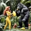 Placeholder: [1960’s stop-motion animation style in a creepy garden] a 70s banana advertisment video TV advertisement featuring the hungry jungle woman and her male gorilla brings her a big banana to eat in her mouth to satisfy her appetite, she eats the banana slowly as a claymation character toy from a claymation horror movie in burning rainbow land, from hell, skeleton aliens from damnation, creepy Videos black eyes, eyeballs everywhere , as old advertisement shot on video VHS