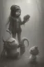 Placeholder: cute girl and litlle monster,Style John Kenn Mortensen,