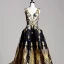 Placeholder: stunning couture gown designed by Marchesa inspired by fairies, realistic epic elegant fantasy colors in gold and black and red,decorated with precious stones, detailed, high quality, intricate, fantasyland background,