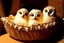 Placeholder: Cute stuffed owls lie in a carved basket on a soft sling, by candlelight