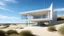 Placeholder: Una casa de planta abierta y circulación no jerárquica en las dunas de la costa atlántica de Cádiz, formada por volúmenes bajos y fragmentados de vidrio como membrana y superficies lisas y homogéneas, que promueve espacios fluidos y continuos, flexibilidad espacial y una composición horizontal y expandida; la estructura delicada sostiene techos finos que parecen flotar, generando sensación de ingravidez y límites difusos y suaves; la arquitectura se entiende como paisaje habitable y como experie