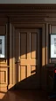 Placeholder: dark oak panelled office showing closed door.Photorealistic