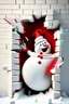 Placeholder: 3d Christmas snowman, smashing out through a wall, plaster texture, white and red, 3d background