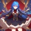 Placeholder: Clear focus, High resolution, rough line art, cute, cartoon, medium blue hair, hair between eyes, fluffy hair, red eyes, super cool outfit with a split skirt, black red and gold color scheme, wearing a short skirt