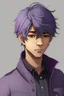 Placeholder: Light brown skin, red eyes, straight short purple-grey hair, black clothes, round face, young adult