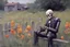 Placeholder: an old robot skull with half a manadeun finger and wears a old jazz suit but is actually a he is in such a place Night, flowers, garden, fence, distant cabin, impressionism painting by Theodore Robinson
