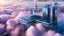 Placeholder: medium shot photo from high-tech futuristic office building between in big clouds , glass and metalic walls, tall, cyberpunk, blue, and dark colors with a landing dock of futuristic cars floating in the clouds, blue-white-purple sky, cold colors, high detalied, sharp focus, sci-fi mood