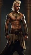 Placeholder: warriorking, blonde, male, tan skin, tattoos, jewels,photorealistic 4k dark fantasy