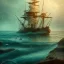 Placeholder: beach with ship wreck, birds, water, reflection, movie poster, fantasy art, misty