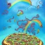 Placeholder: octopus and fishes flying and kitesurfing in the air through a city with skyscrapers. unicorns. rainbows. cats. police. pizza. ganja.