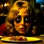 Placeholder: Spooky, ultra realistic distress, dining, ultra realistic hot woman, nose, giant eye on a table, organic hot bondes, dynamic, anguish, excited and lively scene, hypermaximalist figures, Creepy the Ring Alfred Hitchcock, Sam Raimi, insanely detailed, sinister, John Carpenter, Dario Argento, ornate