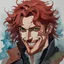 Placeholder: dnd, fantasy, watercolour, large strokes, stylistic, portrait, illustration, dull colours, male, face, narrow long face, weathered face, green eyes, determined, smiling, red hair, very long hair streaming down the shoulders, lush hair, radiating light, five o'clock shadow, elegant, short small mouth, wide smile