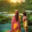 Placeholder: highly detailed indian lake with temple, indian woman in sari with children and lotus landscape with birds, jungle, sunset, illustration, cinematic lighting, 4k, 8k, octane render, digital concept art, trending on artstation, pinterest, extremely detailed, ambient lighting.