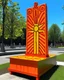 Placeholder: A light rosy orange colored sun obelisk painted by Keith Haring