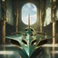 Placeholder: stunning hyper-realistic render of a sleek and elegant Naboo staryacht in pearlescent gasoline green with gold trim sitting in ancient jedi temple hangar, fully symmetric details