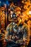 Placeholder: portrait photo of steampunk spaceman with tattoo of a human, scary tattooist in high end parlor, smoke, mist, lightrays, depth of field, photography