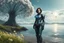 Placeholder: young woman in an android suit with dark hair, standing on the shore of an alien sea, with flying forests of dandelion seed head trees in the distance