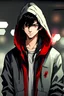Placeholder: 18-year-old boy with black hair and a hairstyle with red-colored eyes in a hoodie, smirk