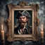 Placeholder: Hyper Realistic vintage view of a portrait frame of an angry pirate with big moustache on a peeling paint wall with candles on wall at night