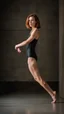 Placeholder: anorexic beautiful woman, age 24, total shot, short anthracite triathlon swimsuit, medium long wavy bob haircut, red hair, blurred concrete background