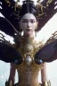 Placeholder: Detailed cosmic horror creature with wings, hair buns, bangs,bodysuit, intricate details, full body portrait, keep head in frame, slight smile, black Japanese motif, concept art, highly detailed, digital painting, concept art, sharp focus, illustration, art by Yoji Shinkawa, WLOP and greg rutkowski and alphonse mucha and artgerm and yanjun Chen and Junji ito and Makoto Shinkai, HDR, octane render, dark background