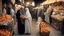 Placeholder: A full-length Palestinian girl wearing an embroidered dress and a white embroidered shawl buys oranges from an old seller wearing a keffiyeh in the market of Jerusalem, 100 years ago, at night with multi-colored lights reflecting on her.