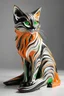 Placeholder: Pop art sculpture of a beautiful cat with long, wavy, thick hair, pointed ears, bright green eyes, Zaha Hadid style, orange, black and white colors, ultra quality, (((full body))), sitting on the floor