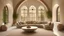 Placeholder: Mediterranean home interior design of modern living room. Curved sofa in room with arched window and stone tiled wall.