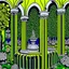 Placeholder: A lime green flower garden with a fountain designed in Navajo woven art painted by Roy Lichtenstein