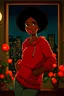 Placeholder: A beautiful young cartoon girl named Sally with black afro hair, blues eyes that are expressive and filled with curiosity, From her room staring at the city, in the night she wears a vibrant red sweater with flowers