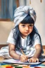 Placeholder: a little girl sitting on the floor holding a tablet, wearing a head scarf, white bangs, document photo, photo still of, paint, wet drapery, unmasked, diary on her hand, 5 years old, focus close on mischievous eyes, hand - drawn animation, with long black hair, portrait of dangerous