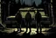 Placeholder: four persons, standing, silhouette, comic book,post-apocalypse, backpack, pickup truck, forest, night time, illustration