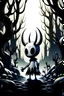 Placeholder: Create an album cover for the game Hollow Knight. Use black, white, gray, and blue colors to capture it's mysterious and eerie vibe