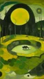 Placeholder: An olive green crater with tar pits painted by Wassily Kandinsky