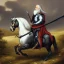 Placeholder: great old knight with flowing white hair and beard riding black horse toward castle