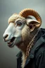 Placeholder: side profile, with heading (autofarm) in poster form,a portrait of a fat head mechanic sheepman, man is eating a hybrid mixed body part sheep, giant eyes sheep alien style H.R giger look. as one headed mouth open, rough teeth, turn head