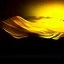 Placeholder: a bed flying through a dark yellow sky, golden mist, flowing fabric, night